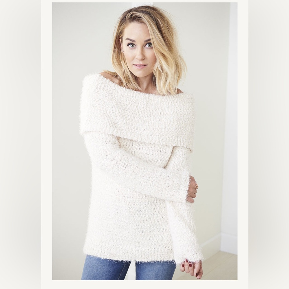 LC Lauren Conrad Off-Shoulder Cream Silk Gold Sweater Size Small Holiday Fall
